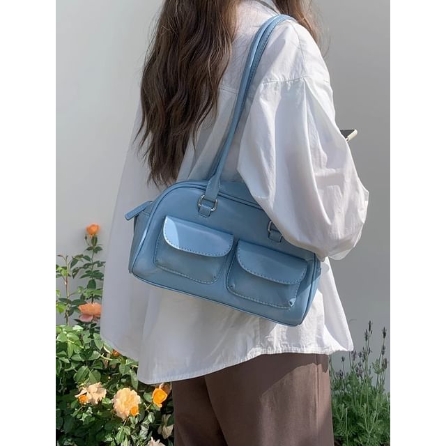 Faux Leather Plain Zip Shoulder Bag