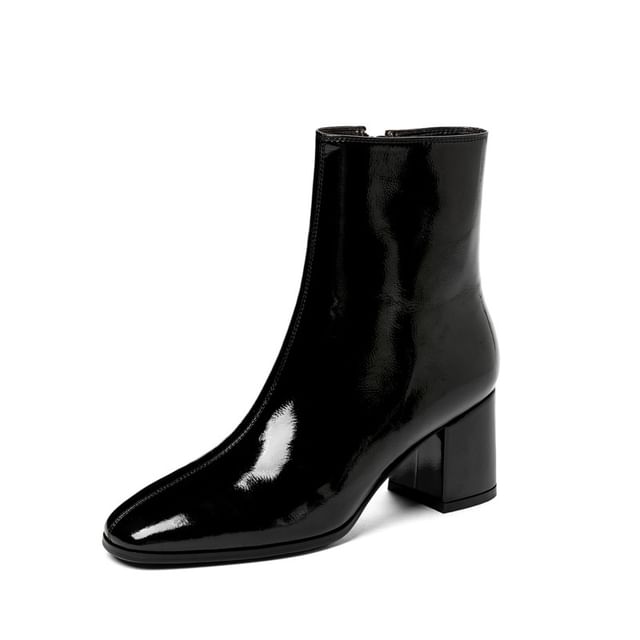 Short Plain Zip-Up Patent Chunky Heel Leather Boots
