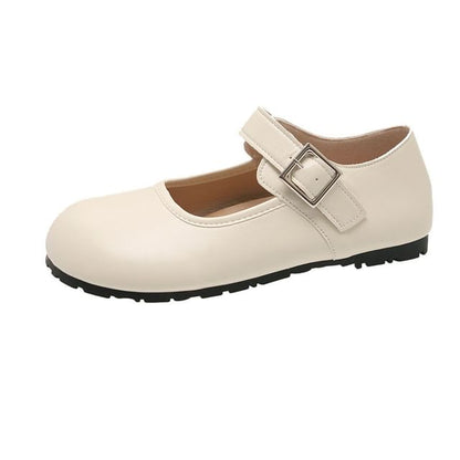 Buckled Mary Round Faux Toe Leather Flats Plain Jane