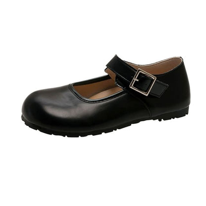 Buckled Mary Round Faux Toe Leather Flats Plain Jane