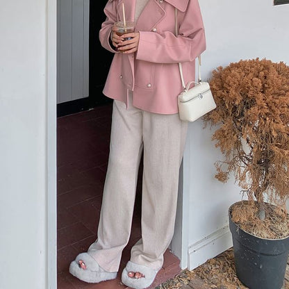 Plus Size Elastic Waist Plain Ribbed Knit Wide Leg Pants