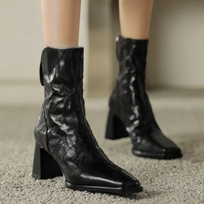 Square Toe Zip Block Heel Short Boots