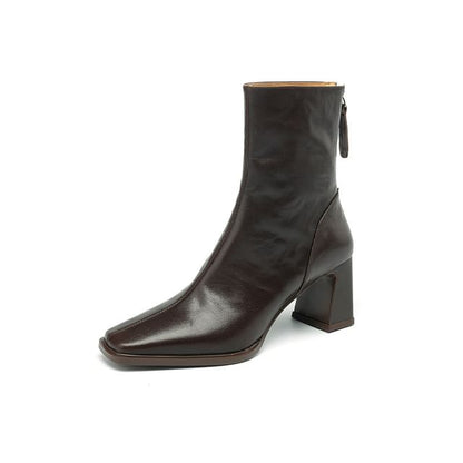 Square Toe Zip Block Heel Short Boots