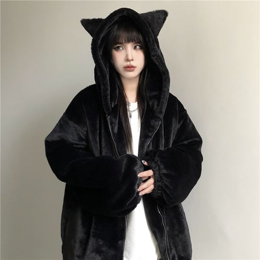 Plain Ear Accent Hooded Fluffy Zip Jacket