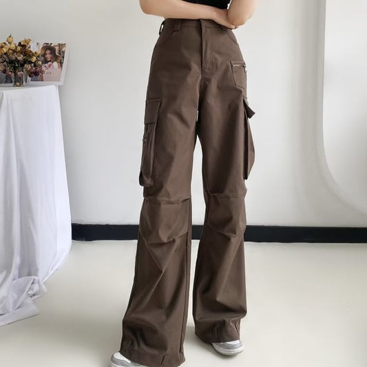 High Rise Plain Pocket Loose-Fit Wide-Leg Cargo Pants