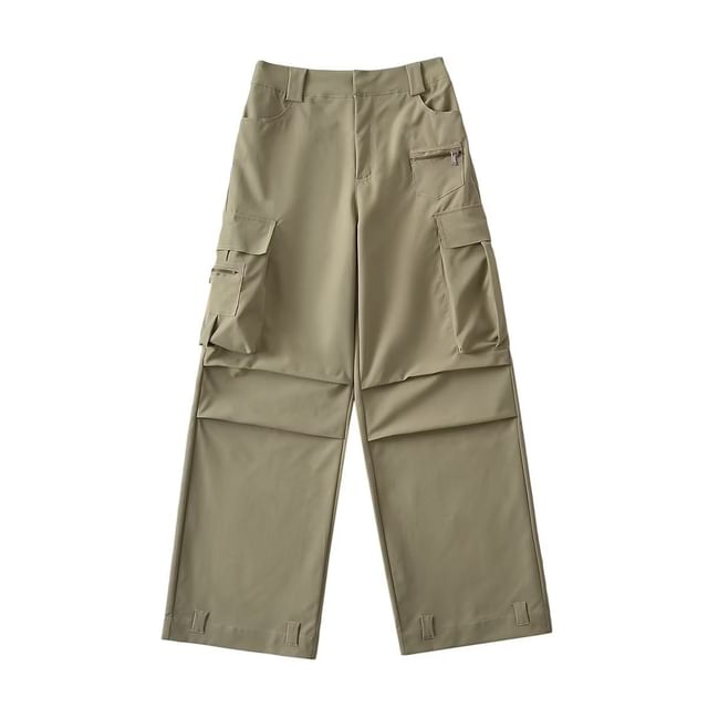 High Rise Plain Pocket Loose-Fit Wide-Leg Cargo Pants