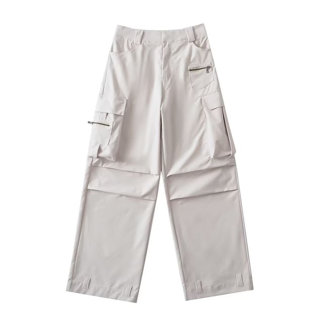 High Rise Plain Pocket Loose-Fit Wide-Leg Cargo Pants
