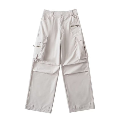 High Rise Plain Pocket Loose-Fit Wide-Leg Cargo Pants
