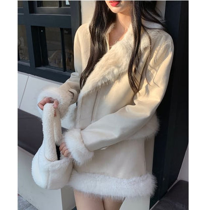 Set: Collared Plain Panel Fluffy Zip Jacket + High Rise A-Line Skirt (Various Designs)