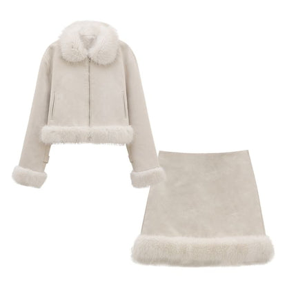 Set: Collared Plain Panel Fluffy Zip Jacket + High Rise A-Line Skirt (Various Designs)