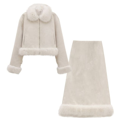 Set: Collared Plain Panel Fluffy Zip Jacket + High Rise A-Line Skirt (Various Designs)