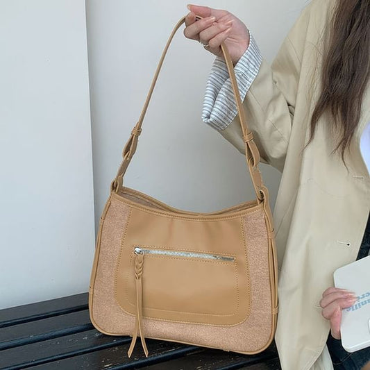 Faux Leather Panel Zip Shoulder Bag