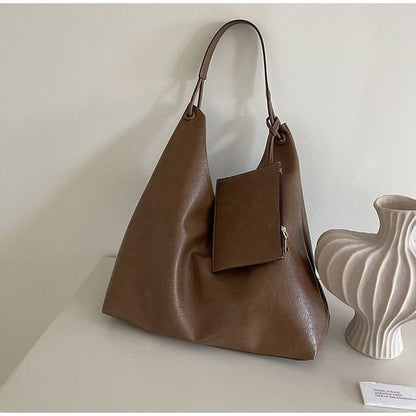 Faux Leather Plain Tote Bag With Pouch