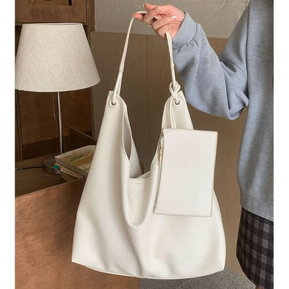 Faux Leather Plain Tote Bag With Pouch
