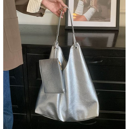 Faux Leather Plain Tote Bag With Pouch