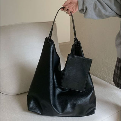 Faux Leather Plain Tote Bag With Pouch