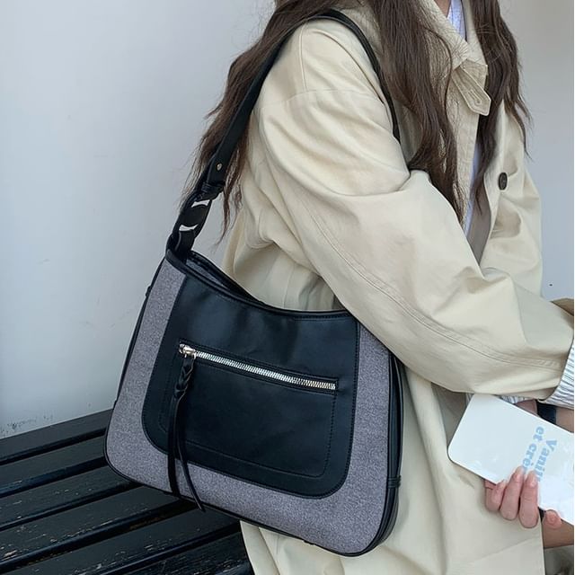 Faux Leather Panel Zip Shoulder Bag