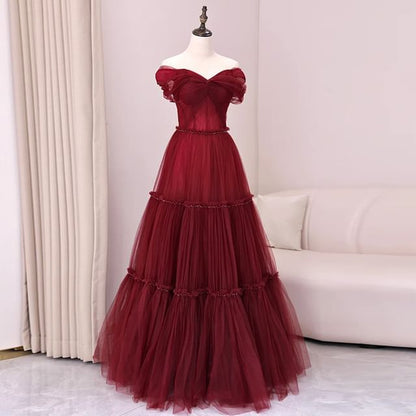 A-Line Plain Knot Gown Off-Shoulder Mesh Evening