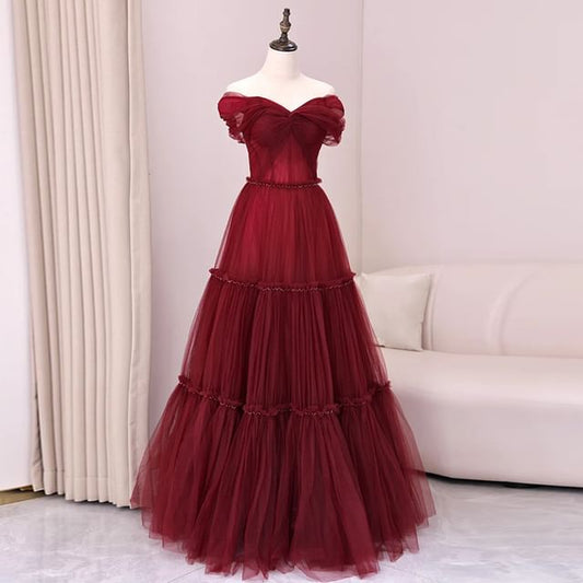 A-Line Plain Knot Gown Off-Shoulder Mesh Evening