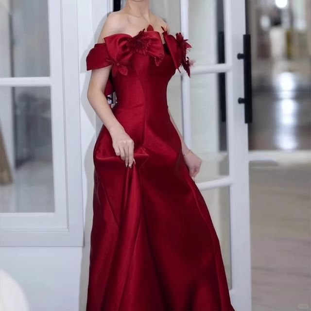 Gown Off-Shoulder Bow Plain Evening A-Line Accent Flower