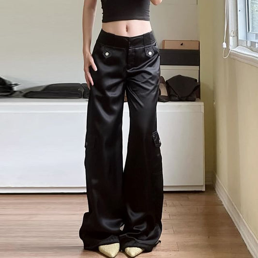 Mid Waist Plain Satin Wide Leg Cargo Pants
