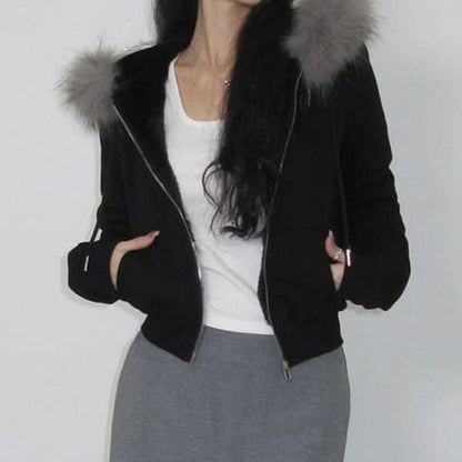 Long Sleeve Furry-Trim Plain Hooded Zip-Up Jacket
