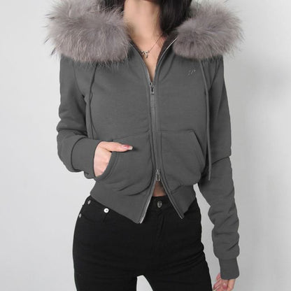 Long Sleeve Furry-Trim Plain Hooded Zip-Up Jacket