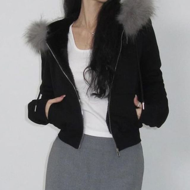 Long Sleeve Furry-Trim Plain Hooded Zip-Up Jacket