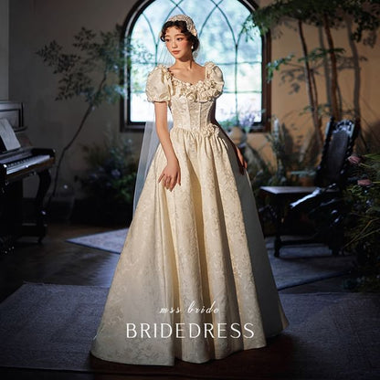Neck A-Line Sleeve Scoop Gown Puff Wedding Jacquard Ruffle