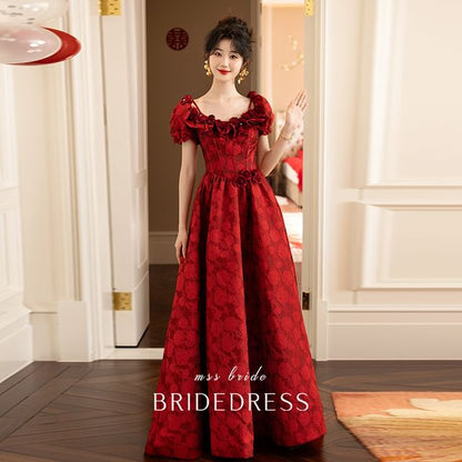 Neck A-Line Sleeve Scoop Gown Puff Wedding Jacquard Ruffle