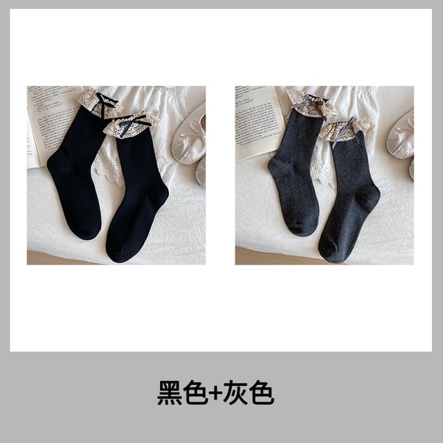 Bow Lace Trim Ribbed Socks / Set