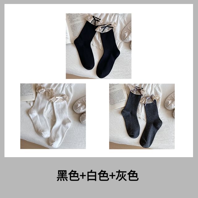 Bow Lace Trim Ribbed Socks / Set