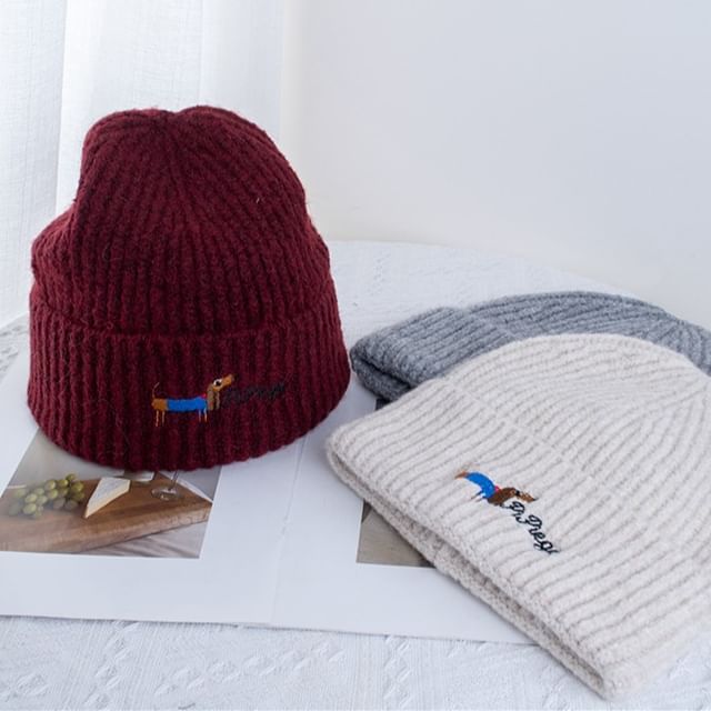 Dog Embroidered Knit Beanie