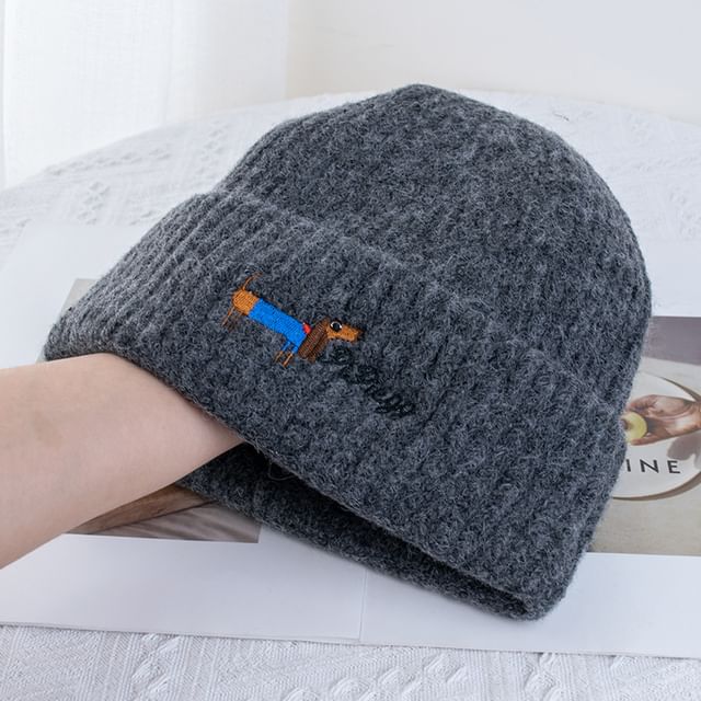 Dog Embroidered Knit Beanie