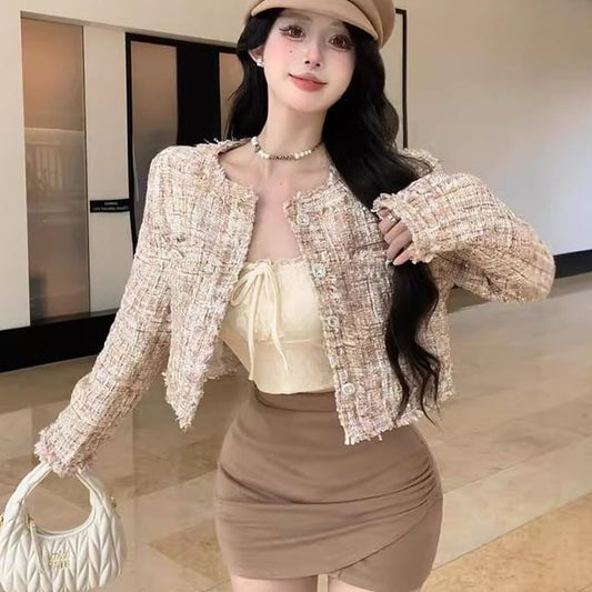 Button Cropped Jacket Neck Round Tweed
