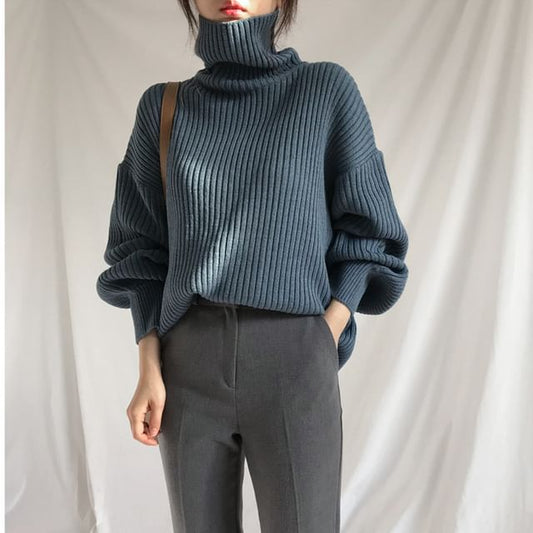 Bubble-Sleeve High-Neck Ribbed Sweater