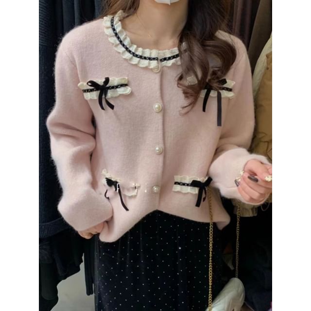 Bow-Accent Lace-Trim Crew-Neck Cardigan