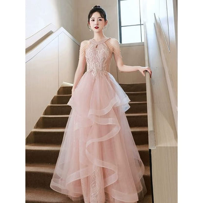 Halter Neck Sleeveless Embroidered Sequined A-Line Evening Gown