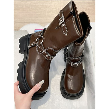 Contrast Stitching Buckled Platform Chunky Heel Short Boots