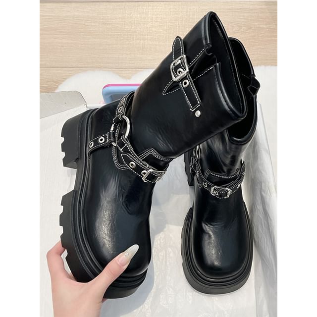 Contrast Stitching Buckled Platform Chunky Heel Short Boots