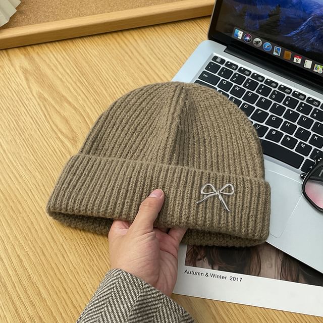Metal Bow Knit Beanie