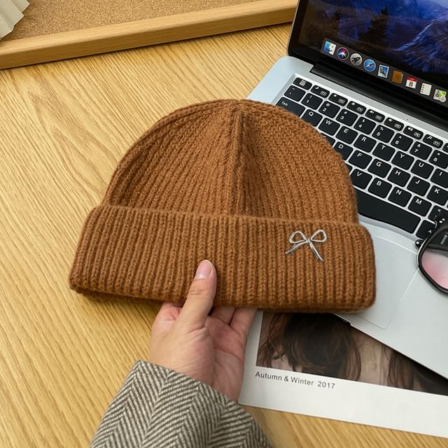 Metal Bow Knit Beanie
