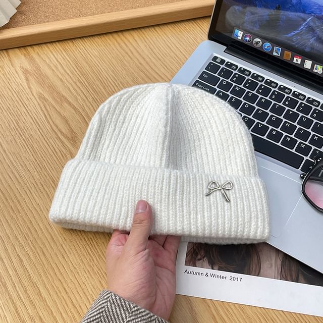 Metal Bow Knit Beanie