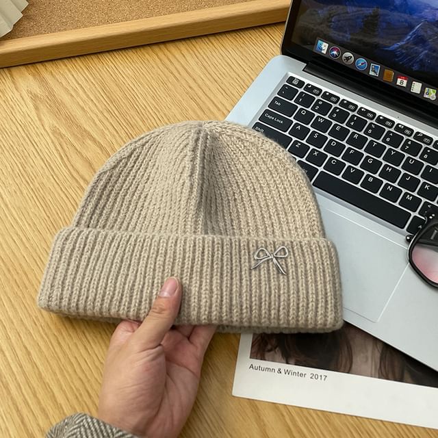 Metal Bow Knit Beanie