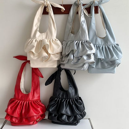 Ruffle Faux Leather Tote Bag