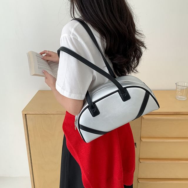 Striped Faux Leather Bowler Bag