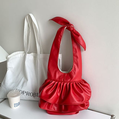 Ruffle Faux Leather Tote Bag