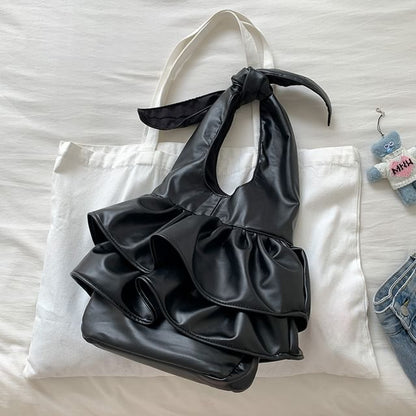Ruffle Faux Leather Tote Bag