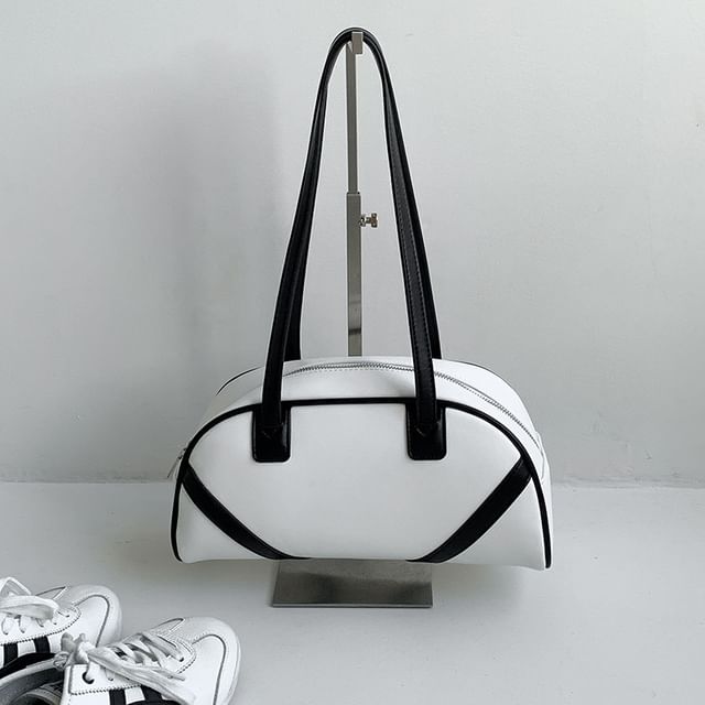 Striped Faux Leather Bowler Bag