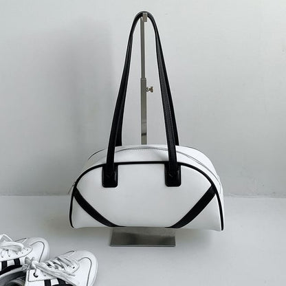 Striped Faux Leather Bowler Bag